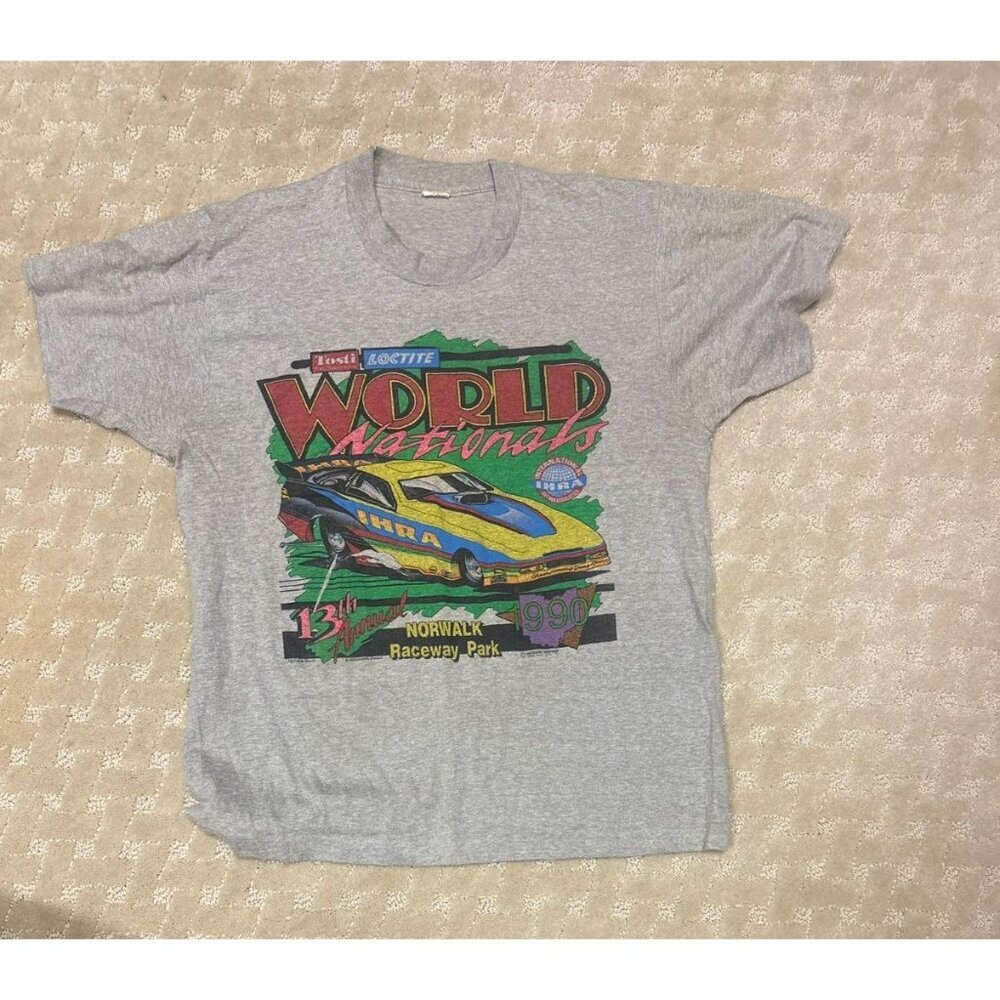 Vintage 1990 Screen Stars T-Shirt Large Grey Drag Racing Norwalk Raceway USA